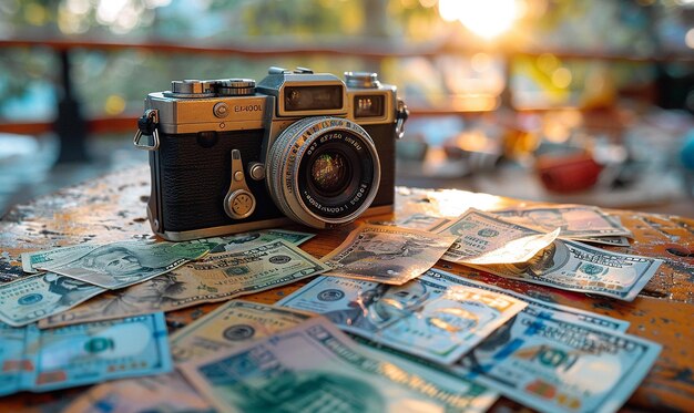 Photo scattered money photos on wooden surface