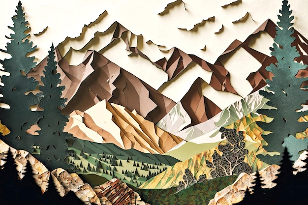 Scattered mountain landscape forest paper collage created with generative ai