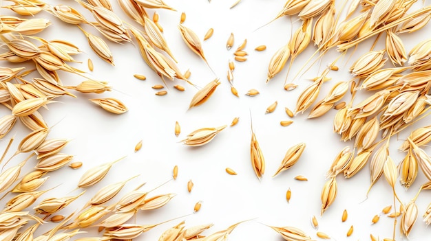 Scattered oat grains on a white background showcasing the texture and detail of the oats in a natura