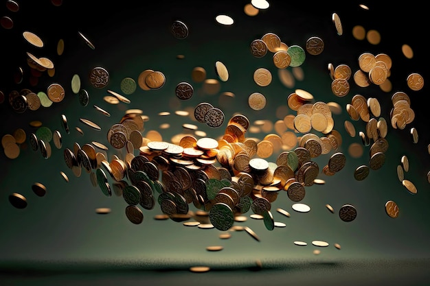 Scattered small coer coins falling to surface of hundred created with generative ai