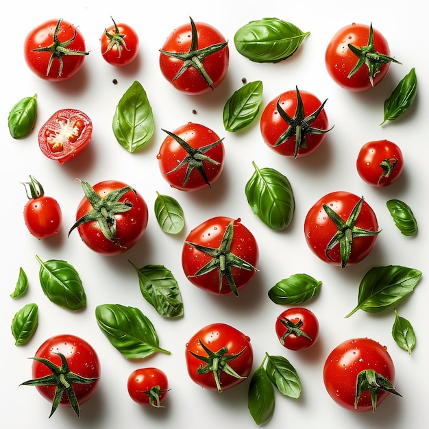 Scattered tomatoes and basil leaves isolated on white background