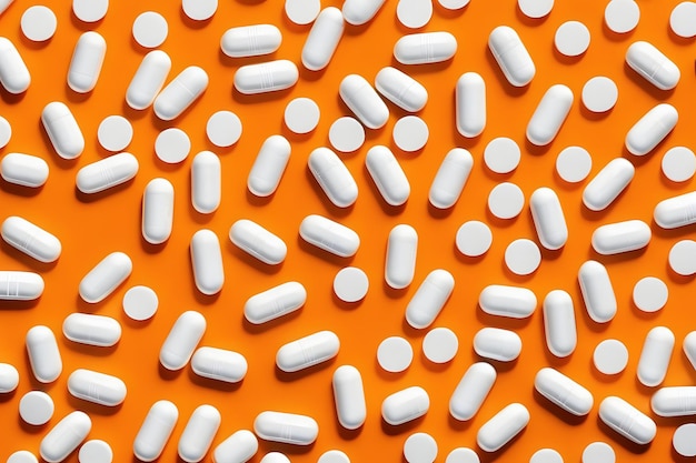 Scattered White Pills on Orange Surface