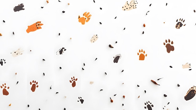 A Scattering of Animal Tracks and Seeds on White Background