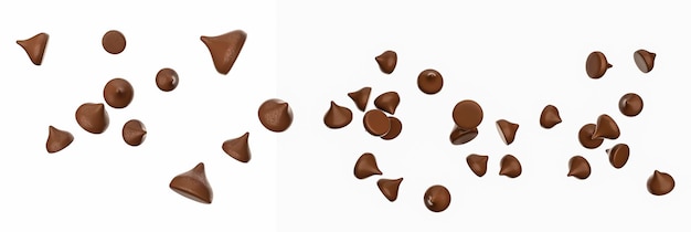 Scattering of tasty chocolate chips on white background Chocolate morsels background 3d illustration