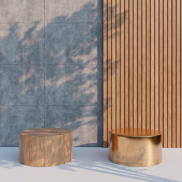 Scena with cylinders concrete wall with wooden details