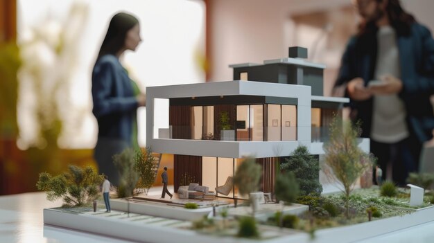 A scenario where an agent and a customer are negotiating a contract to purchase Stock Photo for Design depicted in a miniature house model