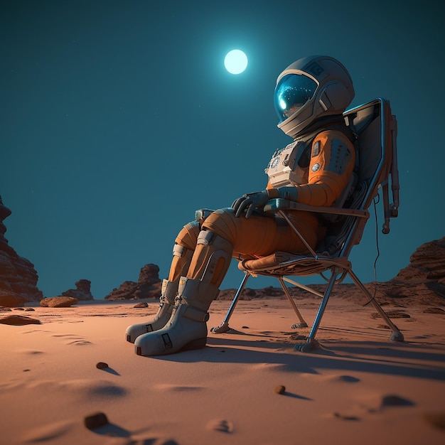 A scene of a astronaut sitting in a chair with the moon in the background