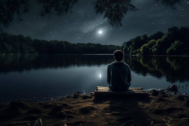 A scene of a boy from his behind sitting infront of a lake during a dark full moon night