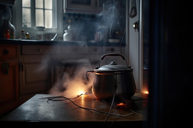 Scene of burnt kitchen appliances including a kettle and a coffee maker