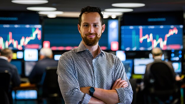 Photo a scene of busy market trading with stock price monitors and a portrait of a satisfied man