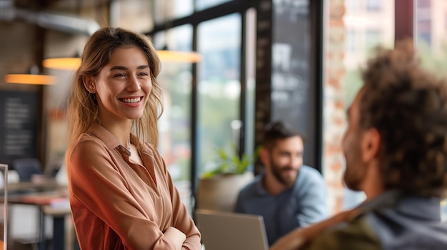 A scene capturing a smiling young businesswoman leaning forward attentively while her partner speaks