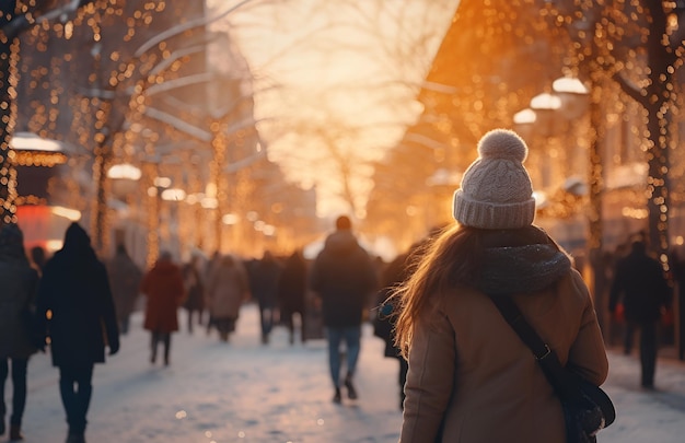 Scene of city town street in winter exteriors of houses decorated for Christmas or New Year holiday snow street lights festive environment people Evening time Copy space for greeting text