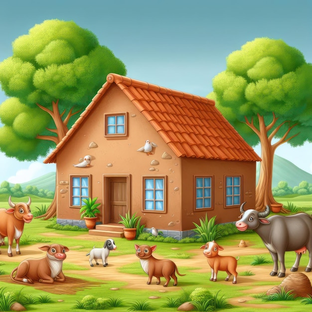 A scene of clean clay house with grass and trees