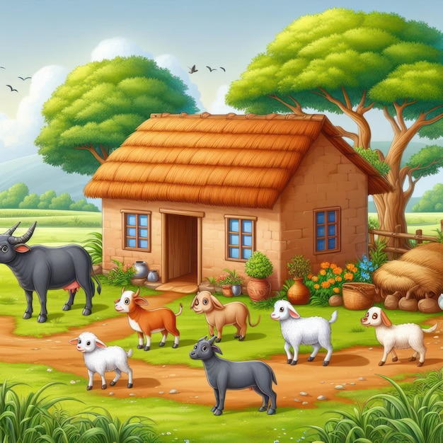 A scene of clean clay house with grass and trees