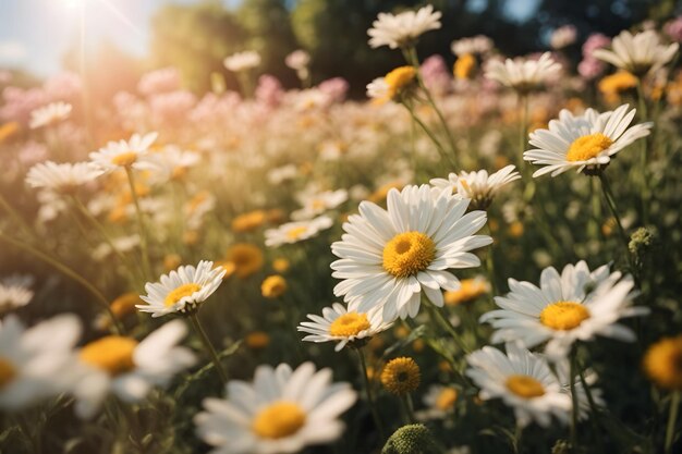 A scene of daisy blooming in a garden under blue sky