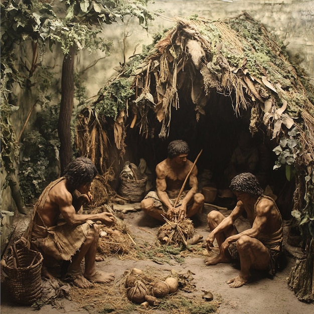 Photo scene depicting the development of early human clothing and shelter from natural materials