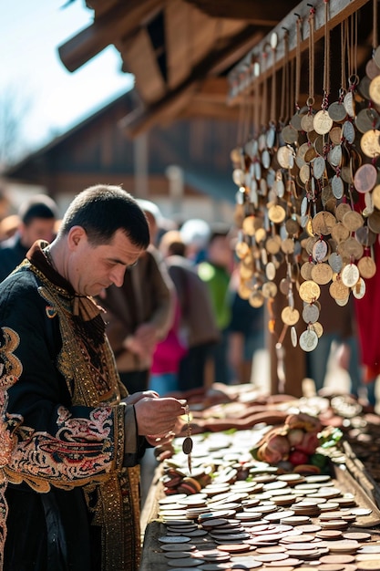 a scene depicting the old tradition of attaching coins to Martisor a scene depicting the old traditi