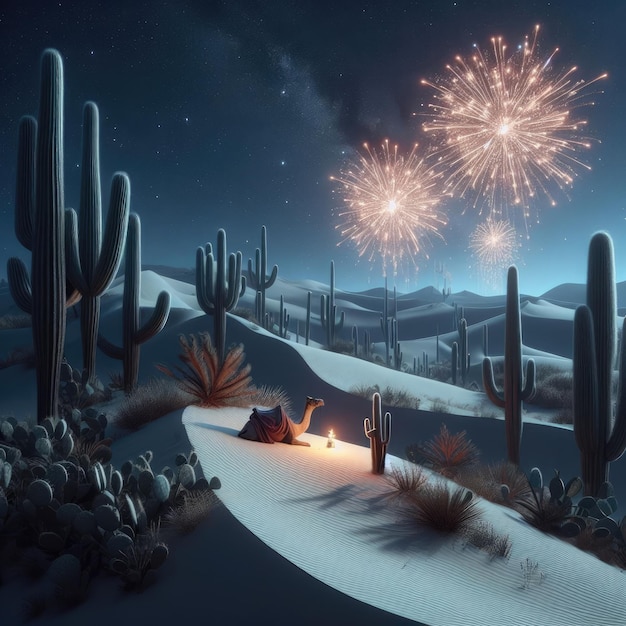 A scene of a desert with sand dunes and fireworks