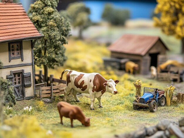 Photo scene diorama farm cow