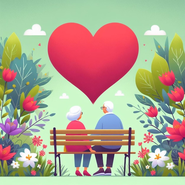 A scene of an elderly couple sitting on a park bench symbolizing their love on Valentines Day