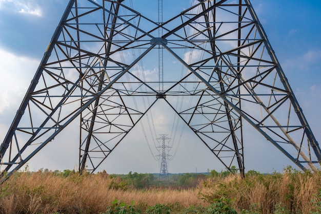 Scene of electric towers on grass field