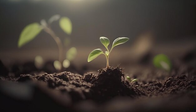 A scene of farming and plant growth is set against a green blurry backdrop Generative ai