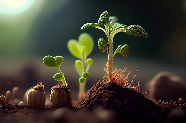 A scene of farming and plant growth is set against a green blurry backdrop sprouting from seed and developing into a seedling Generative ai