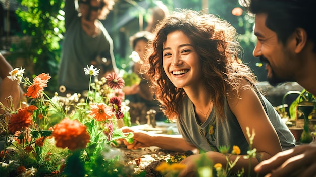 Photo scene of friends enjoing a picnic in a sunny atmoshphere