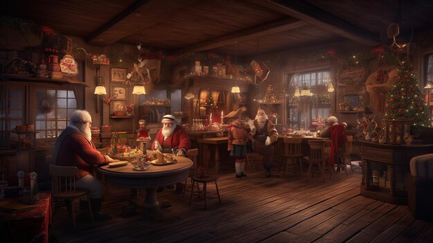 A scene from the animated film santa claus in a restaurant.