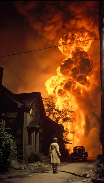 scene from a dramatic 1942 color film about firebombing