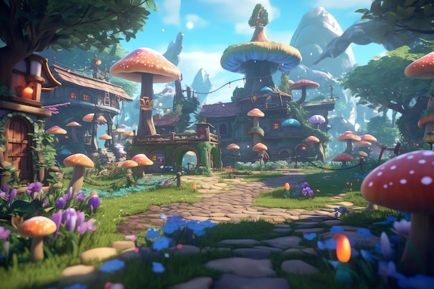 A scene from a fantasy world with a mushroom house and a building with a blue and purple flowers.