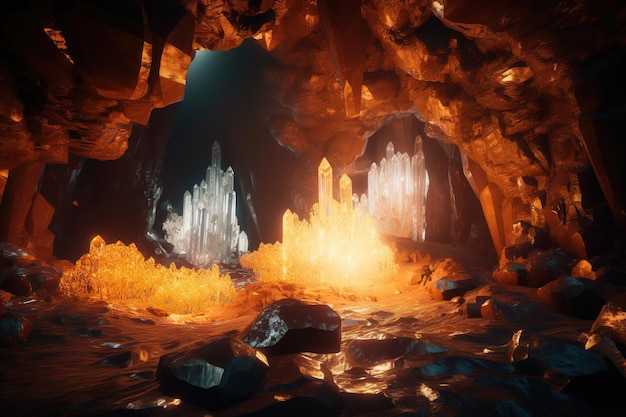 A scene from the game the cave is lit up with a glowing light.