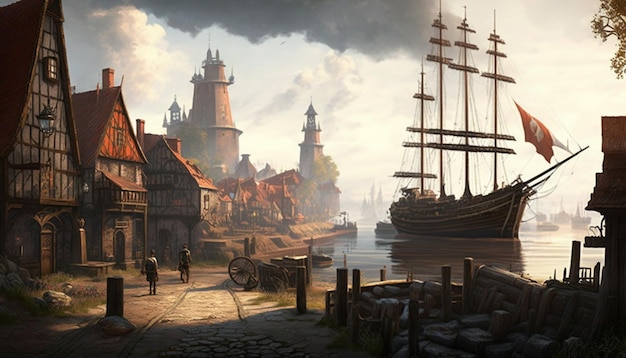 A scene from the game the ship is docked in front of a lighthouse.