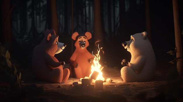 A scene from the movie bear and the bear are sitting around a campfire.