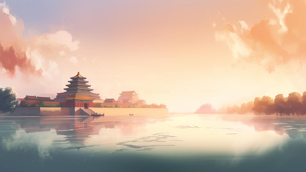 A scene from the movie the sun is setting over a lake with a temple in the foreground.