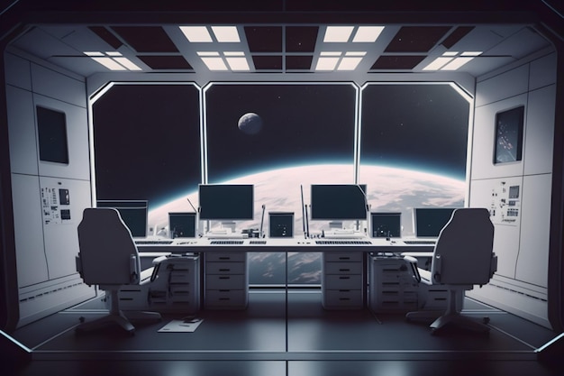 A scene from a space station with two desks and a planet in the background.