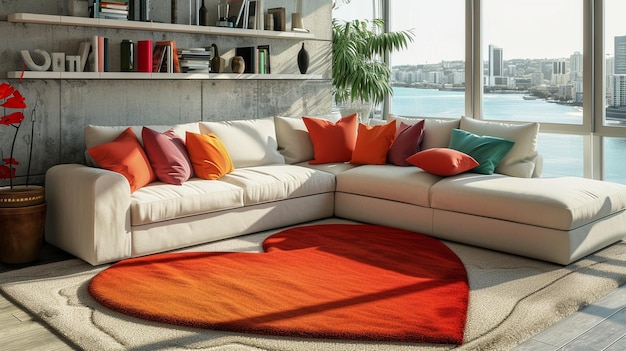 A scene of a heartshaped rug placed in front of a curved sectional sofa contributing to a cozy and