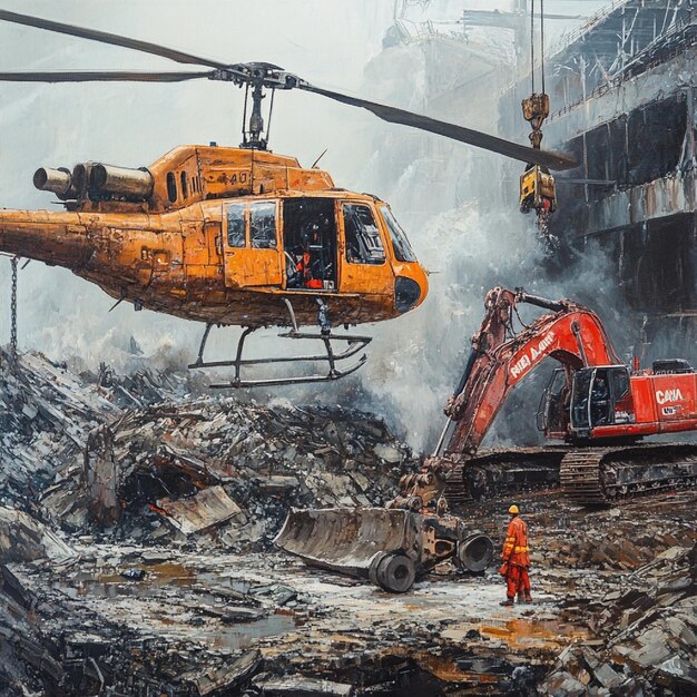 Photo scene of a helicopter crash on a construction site with heavy machinery2