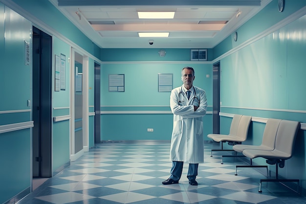 A scene inside a hospital with doctors in the hallways