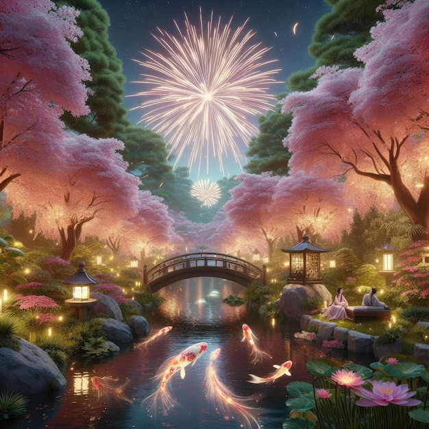 A scene of a Japanese garden with cherry blossom trees and a pond With fireworks and the stars