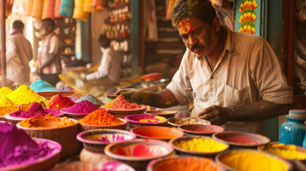 Photo a scene of a local crafts market during holi the crafts like pottery and textiles are covered in a d