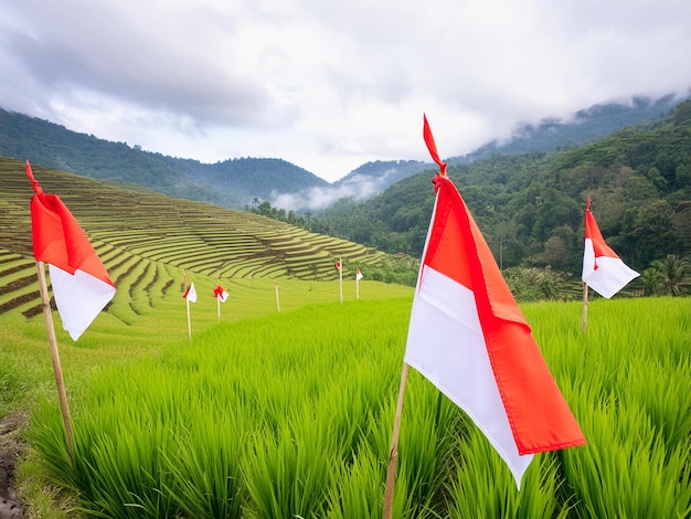 A scene of lush green rice paddies in Indonesia with farmers wearing traditional caping hats waving