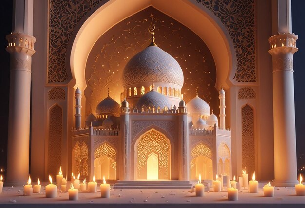 a scene of a mosque with candles and a mosque with a lit up lantern