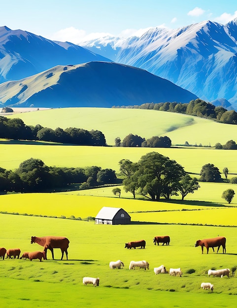 scene of new Zealand farm ai generated