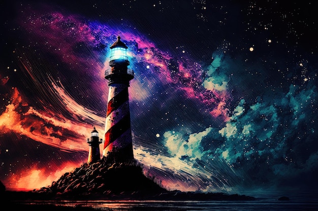 A scene of the night sky with a lighthouse tower