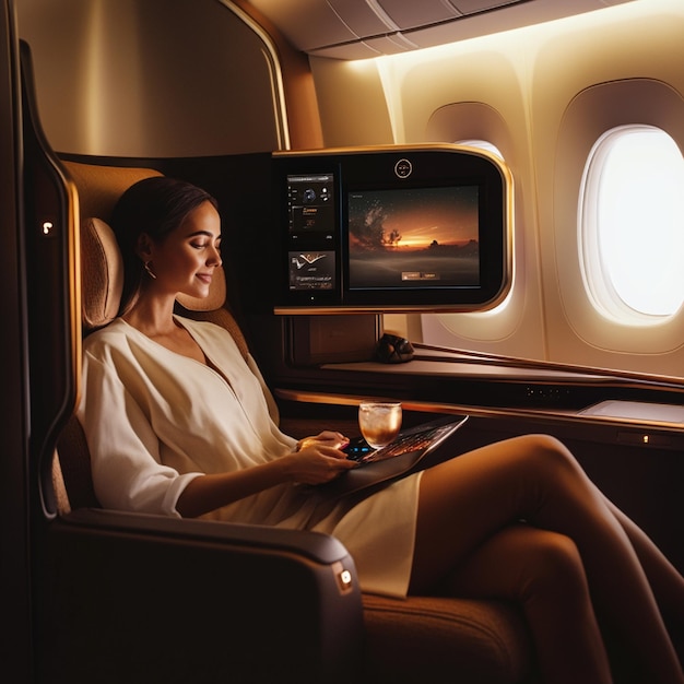 Photo a scene of a passenger enjoying a premium entertainment setup in business class