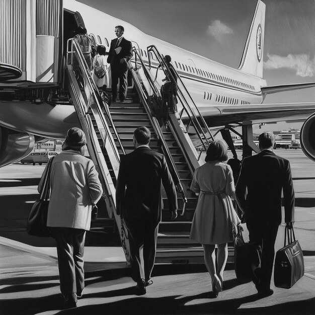 A scene of passengers disembarking from an airplane onto the airport apron