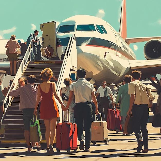 Photo a scene of passengers disembarking from a lowcost carrier airplane and collecting their own luggage