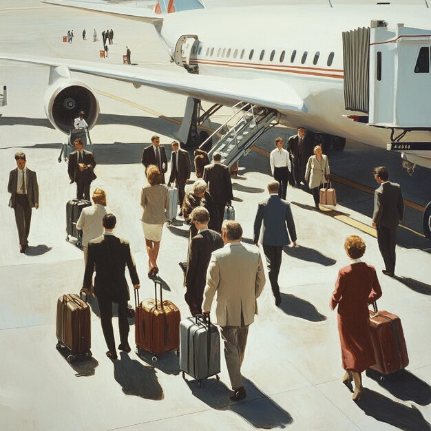 Photo a scene of passengers disembarking from a lowcost carrier airplane and collecting their own luggage