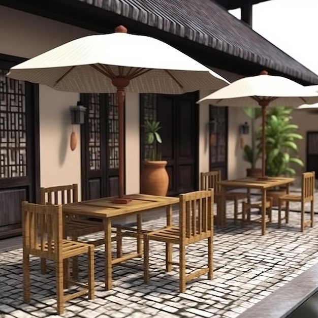 A scene of a patio with a table and chairs with umbrellas.